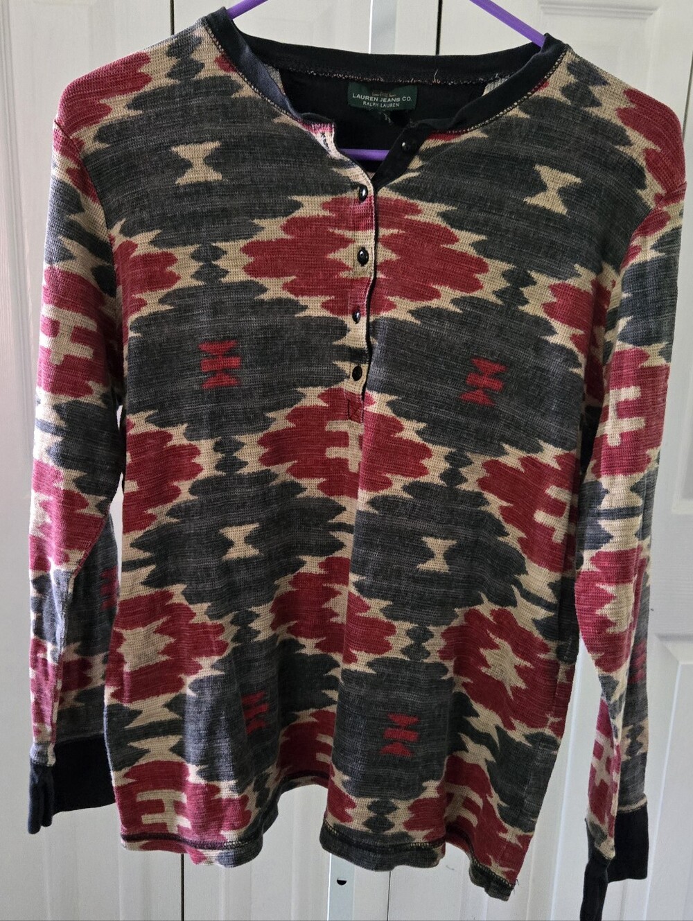 Vintage Lauren Ralph Lauren Southwestern Aztec Waffle Knit Thermal Henley 1X